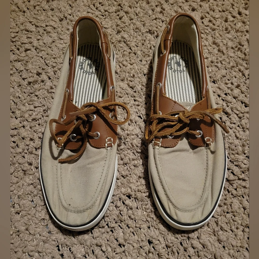 MENS RALPH LAUREN POLO RYLANDER BOAT CANVAS LEATHER UPPER SHOES KHAKI SZ 9.5D